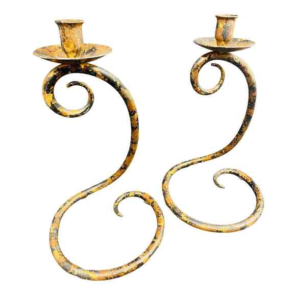 Pair of 14" Snake Serpent Scroll Camouflage Wrought Iron Candlestick Holders VTG - Picture 2 of 12